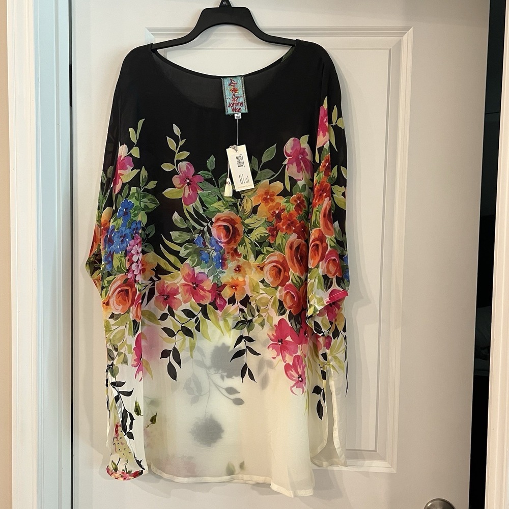 Johnny Was Betty Blouse Tunic 1X Floral Black Multi Cupra Rayon 3/4 Sleeve Boho